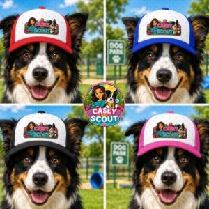 Dog ball cap with our Casey and Scout logo. Our cute Border Collie is modeling this hat.