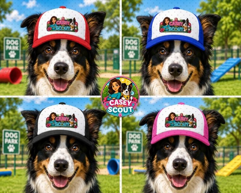 Dog ball cap with our Casey and Scout logo. Our cute Border Collie is modeling this hat.