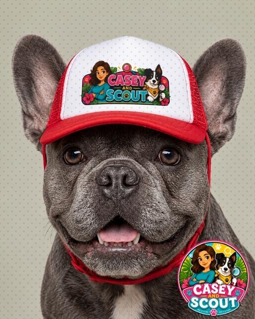 Dog ball cap with our Casey and Scout logo. Our cute Frenchie is modeling this hat.