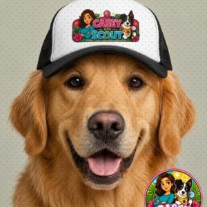 Dog ball cap with our Casey and Scout logo. Our Golden Retriever is modeling this hat.