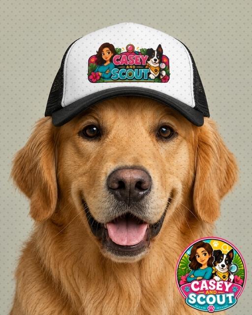 Dog ball cap with our Casey and Scout logo. Our Golden Retriever is modeling this hat.