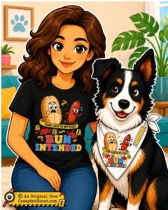 Casey and Scout wearing the Bun Intended Food Crime design.