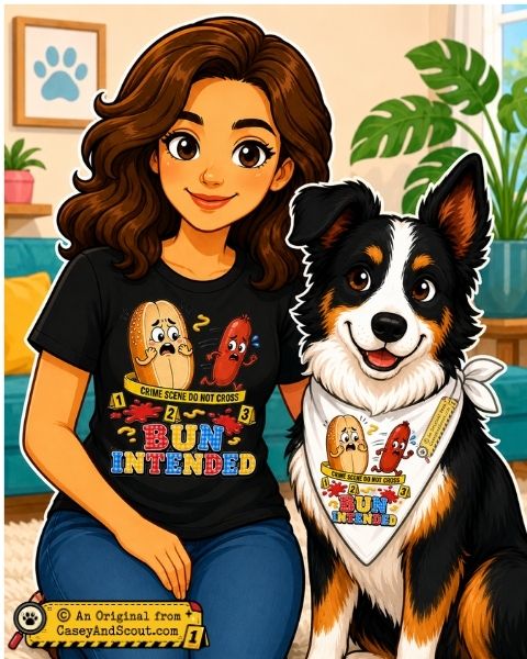 Casey and Scout wearing the Bun Intended Food Crime design.